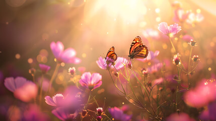 Poster - Wild pink flowers bathed in sunlight in field and two fluttering butterfly on nature outdoors soft selective focus closeup macro Magic artistic image : Generative AI