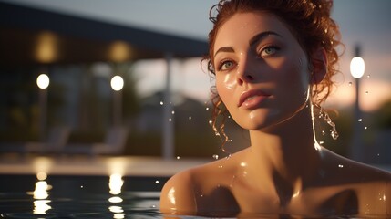 A dewy-skinned woman basks in the joy of summer, her beautiful face radiating with wellness by the pool