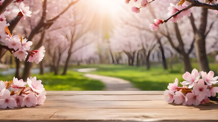 Spring beautiful background with sakura with an empty wooden table on nature outdoors in sunlight in garden.