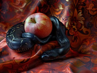 Wall Mural - Medium shot of an red apple with a black snake wrapped around it, themed background, bright tonality. 