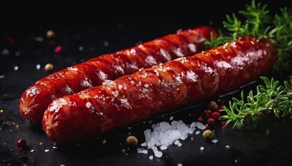 Canvas Print - juicy grilled meat with herbs and salt. fried juicy sausages from the grill