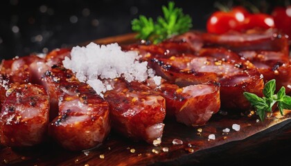 Wall Mural - juicy grilled meat with herbs and salt. fried juicy sausages from the grill