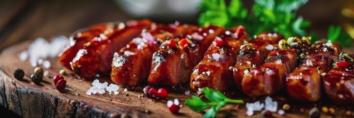 Canvas Print - juicy grilled meat with herbs and salt. fried juicy sausages from the grill