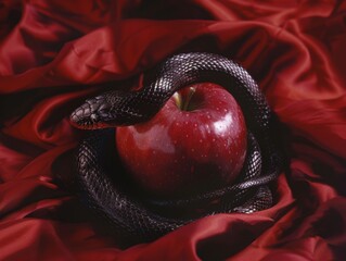 Wall Mural - Medium shot of an red apple with a black snake wrapped around it, themed background, bright tonality. 