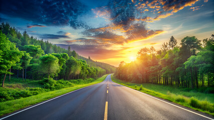 Asphalt road and green forest with beautiful sky cloud natural landscape at sunset. Panoramic view.