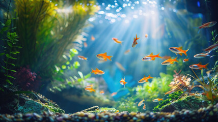 Wall Mural - Underwater view of vibrant aquarium with orange fish and sunbeams penetrating water