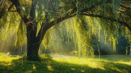Wall Mural - Weeping Willow and Sheltering Branches - Imagine a weeping willow tree with its branches providing shelter, illustrating the comfort and refuge that religion can offer to the grieving