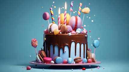 Wall Mural - Colorful birthday cake decorated with sweets and chocolate on blue background, 3d illustration
