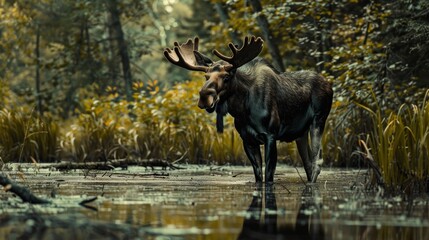 moose walking over a swamp i tana, ai generative