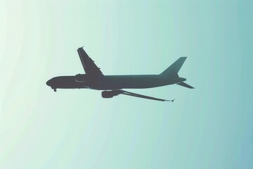 Poster - A minimalist image of an airplane silhouette in flight against a blue sky. Perfect for use in airline branding, travel marketing, and flight booking agency websites. Generative AI