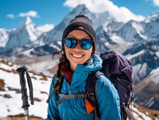 Smiling HikerTrekking Poles Outdoors in Protective Gear and UV Shield.