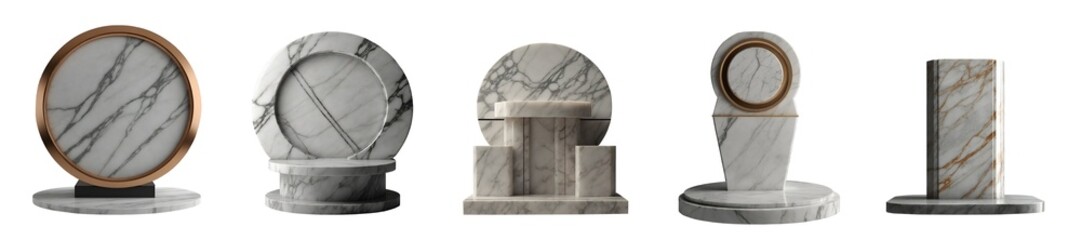 Set of modern product display marble podium stands isolated on transparent background. Generative AI