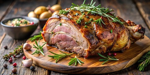 Close up of succulent roasted shoulder of lamb , lamb, meat, food, cooked, delicious, gourmet, dinner, meal, close up, juicy, savory
