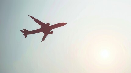 Poster - A minimalist silhouette of an airplane in flight against a clear blue sky with the sun shining brightly in the distance. Generative AI