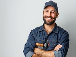 portrait of smiling young male plumber with pipe gray background