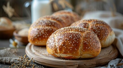 Wall Mural - Breakfast with freshly baked round sesame bread and milk