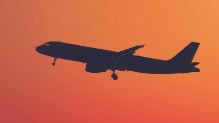 Poster - Black silhouette of airplane in flight against orange sunset. Ideal for airline and booking agency marketing materials. Generative AI