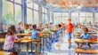 © pimmou - Lunch time in the school cafeteria. Children are sitting at tables, eating and talking.