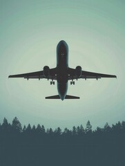 Poster - A minimalistic silhouette of an airplane taking off over a forest, perfect for airlines and flight booking agencies. Generative AI