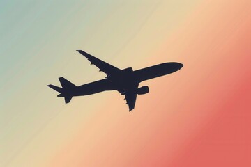 Poster - A minimalist silhouette of an airplane in flight against a colorful gradient sky. Perfect for airlines and flight booking agencies. Generative AI