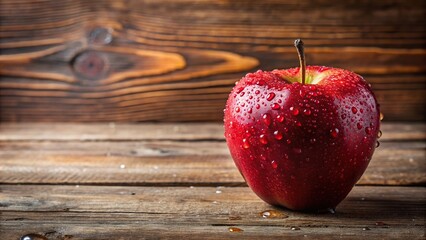Wall Mural - Red apple with water droplets on rustic wooden table, red, apple, fruit, fresh, juicy, organic, healthy, food, natural, vibrant