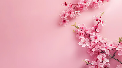 Poster - Spring cherry tree in bloom creative layout Sakura pink flowers in springtime background Beauty in nature Design element Top view flat lay : Generative AI