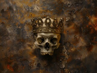 Medium shot of an skull with king crown on it, themed background, bright tonality. 
