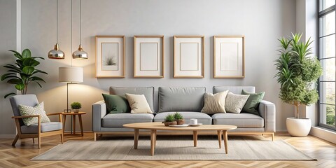 Wall Mural - Art mock-up of a modern living room interior with blank picture frames on the wall, art, mock-up, modern, living room