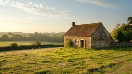 Wall Mural - stone cottage in rural setting during golden hour