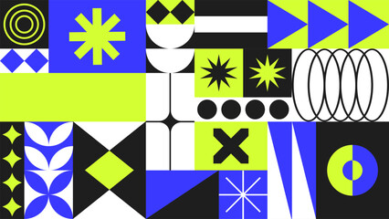 Wall Mural - geometric bright colour pattern print background, bauhaus shapes pattern, bauhaus neo brutalism abst