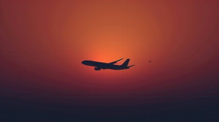 Poster - A minimalistic silhouette of an airplane flying against a vibrant sunset sky. Generative AI