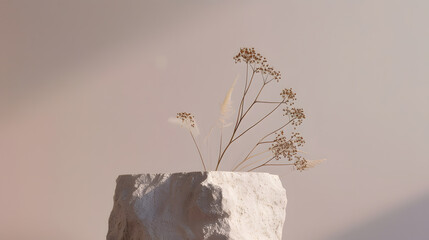 Poster - nature stone podium with dry flower for product stylish showcase  mock up for exhibition presentation of goods  Exhibition display podium : Generative AI