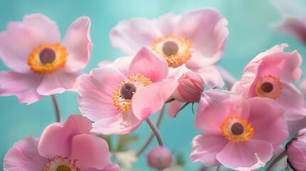 Poster - Gently pink flowers of anemones outdoors in summer spring closeup on turquoise background with soft selective focus Delicate dreamy image of beauty of nature : Generative AI