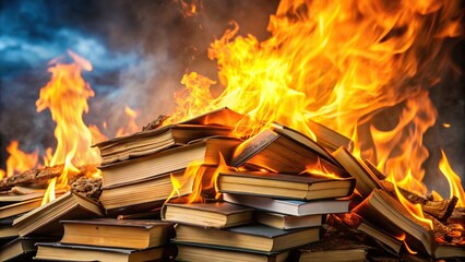 Books burning in a pile representing banned books , censorship