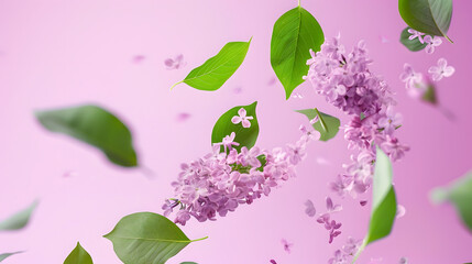 Poster - Fresh lilac beautiful green leaves falling in the air isolated on pink background Zero gravity or levitation spring flowers conception high resolution image : Generative AI