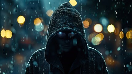 Mysterious hooded figure in a dark, rainy urban setting with illuminated bokeh lights in the background, creating a suspenseful atmosphere.