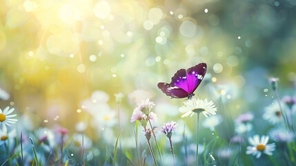Poster - Purple butterfly flies over small wild white flowers in grass in rays of sunlight Spring summer fresh artistic image of beauty morning nature Selective soft focus : Generative AI
