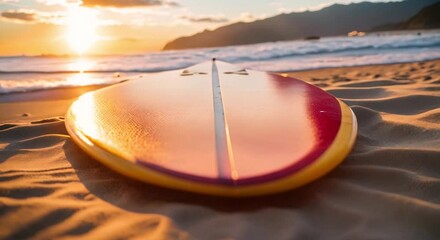 Wall Mural - surfboard on the beach at sunset