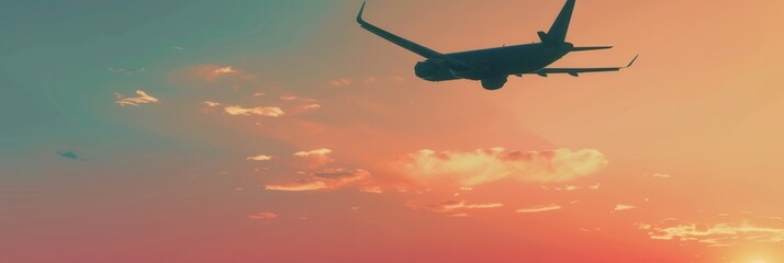 A minimalistic silhouette of an airplane in flight against a vibrant sunset sky. Perfect for airlines and flight booking agencies. Generative AI