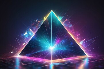 Wall Mural - Pyramid with neon lights glows in dark background surrounded by grid of glowing particles