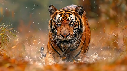 Wall Mural - A powerful tiger charges through the water, its muscles rippling beneath its wet fur.