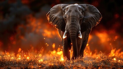 Wall Mural - Elephant in the savannah with a beautiful sunset in the background