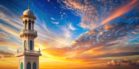 Minaret of a mosque towering against a beautiful sky during Ramadan, Islam, Muslim, architecture, religious, traditional