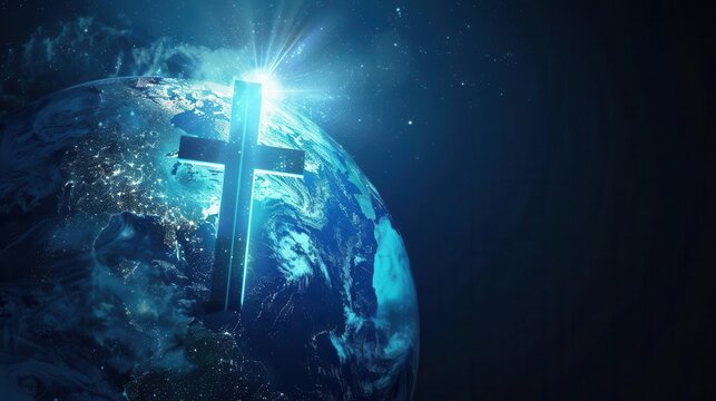 religious global mission concept illuminated cross and earth globe 3d illustrations