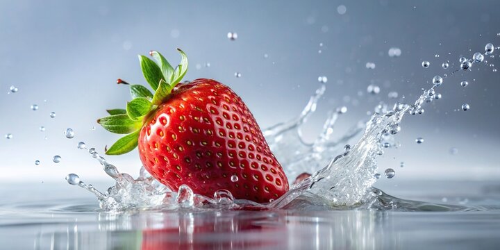 Water splash on a juicy red strawberry , fresh, fruit, red, wet, splash, droplets, refreshing, summer, close-up, macro