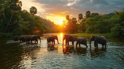 Wall Mural - A majestic herd of elephants crosses a river at sunset in the beautiful African savanna.