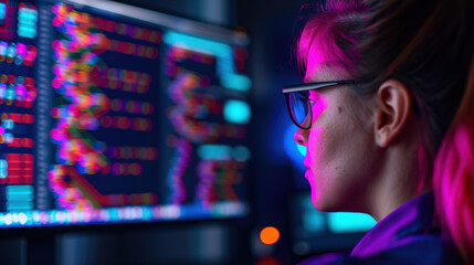 A woman is looking at a computer screen with a lot of numbers and graphs