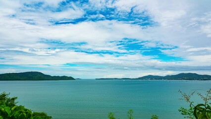 Sticker - Timelapse White clouds in blue sky over sea landscape background,Beautiful Blue sky and white clouds flowing over sea in summer season Good weather day.Concept Travel background nature environment