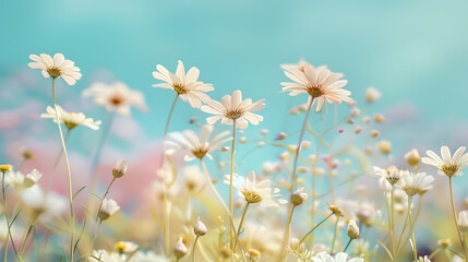 Wall Mural - A beautiful spring flower field summer meadow Natural colorful landscape with many wild flowers of daisies against blue sky A frame with soft selective focus Magical nature background  : Generative AI