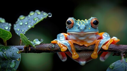 A vibrant green and orange frog perches on a branch in the rainforest.